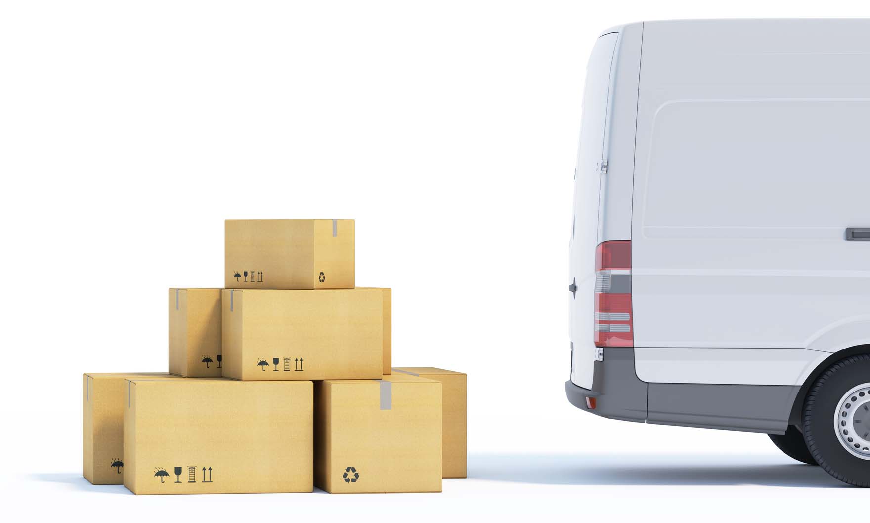 the delivery van with a paper boxes on white background